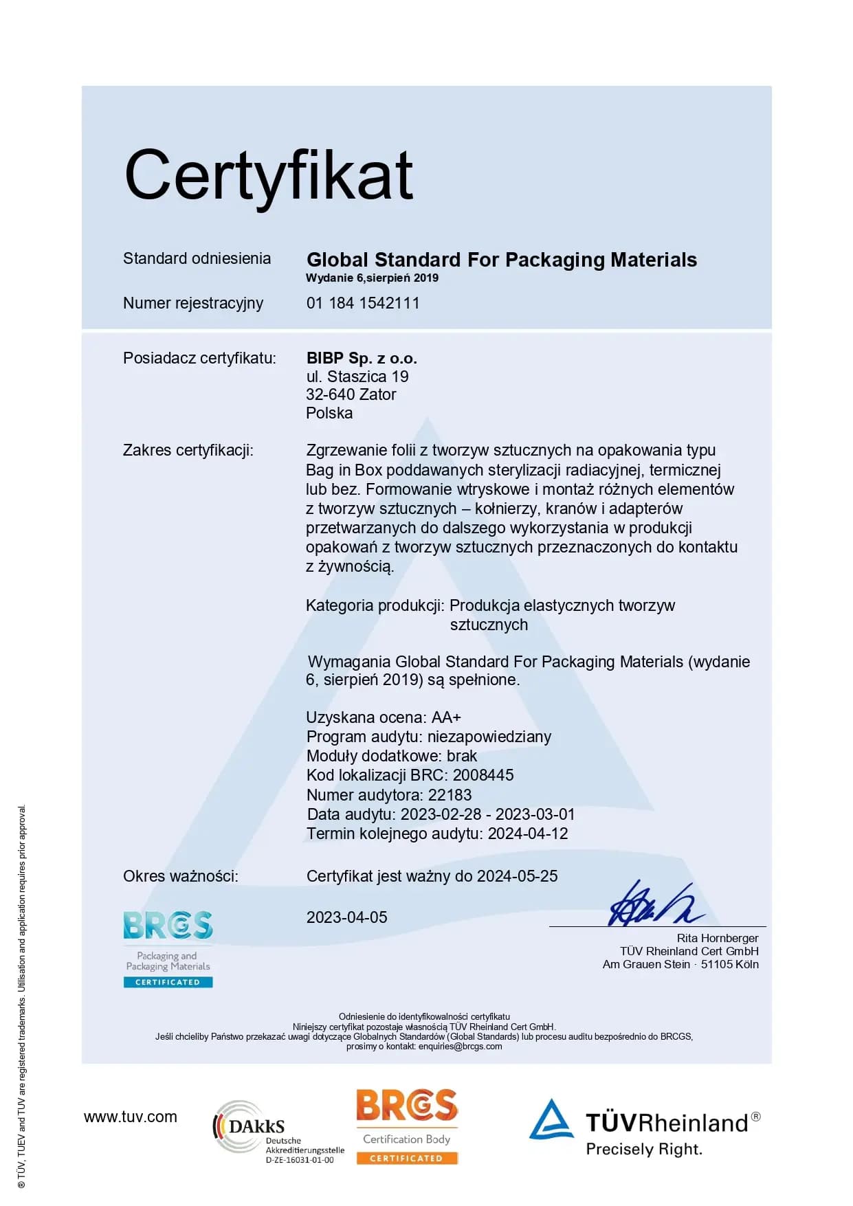 BRC certificate PL